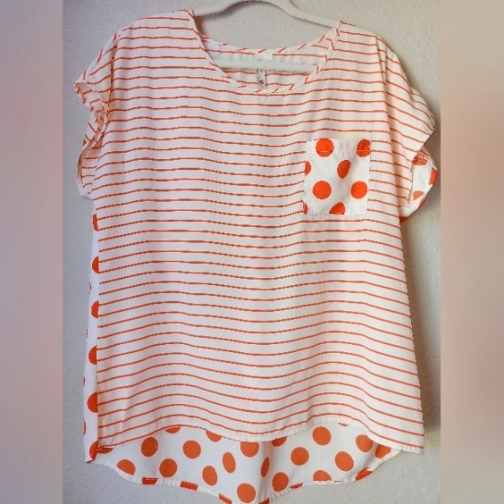 Pink Owl Orange Polka Dots with Stripes Blouse Top size M